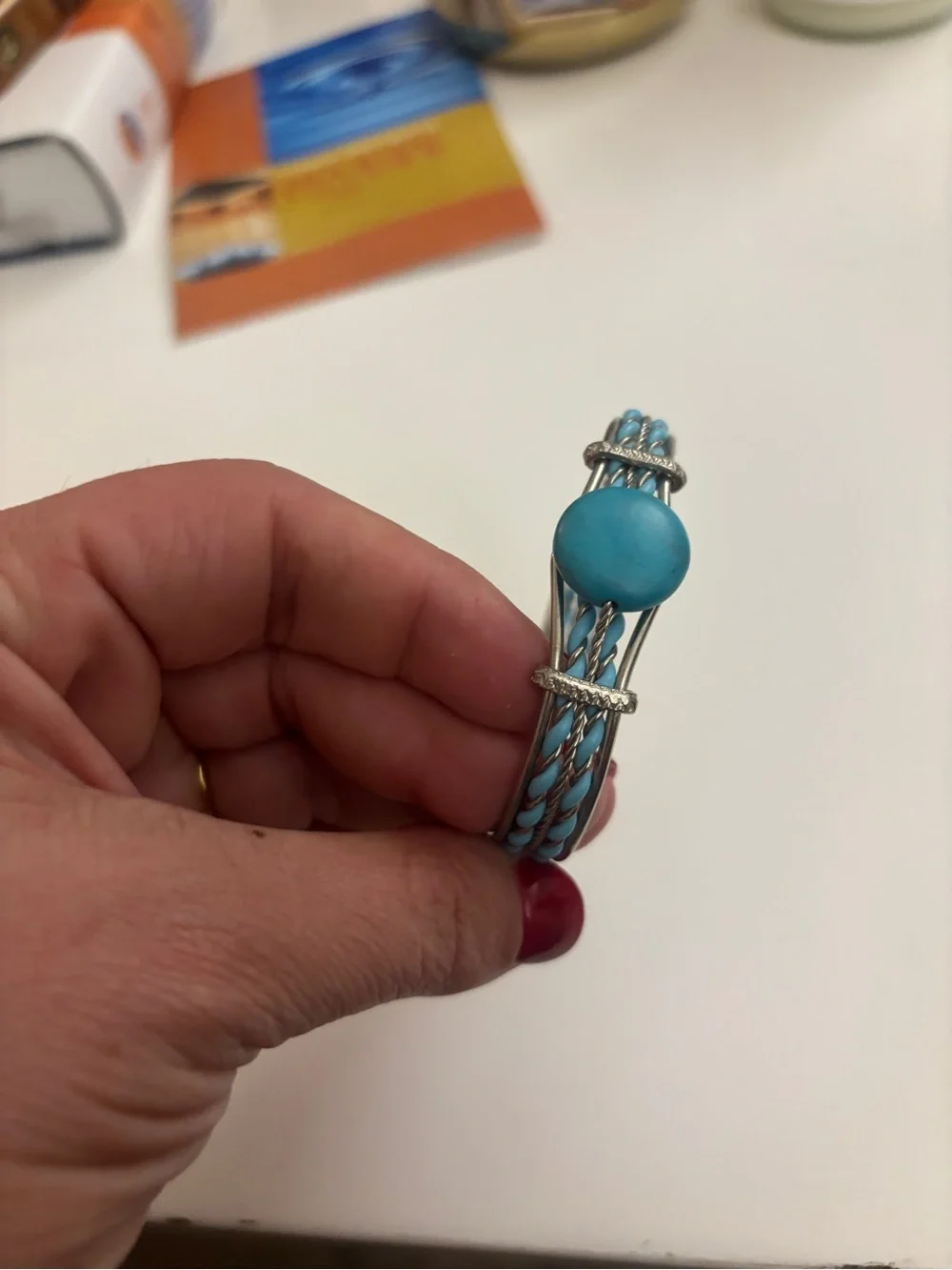 Turquoise Stone Silver-Tone Cuff Bracelet - Women Jewelry